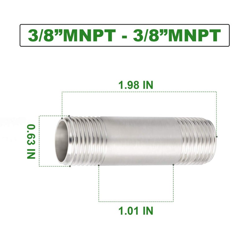TAISHER 2Pcs Stainless Steel Pipe Fittings, 3/8" NPT x 3/8" NPT Male Threaded, 2" Length Nipple Cast Pipe - Image 4